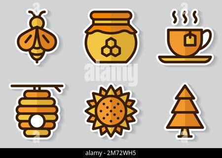 Set di icone di adesivi a tema miele. Set di adesivi sul tema ape. Semplice tema di raccolta di apicoltura. Stile cartone animato. Illustrazione vettoriale Illustrazione Vettoriale