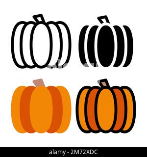 Set di icone per il cibo di zucca. Icona colorata di zucca cartoon. Logo di zucca. Verdure e cibo. Grafica vettoriale segno di dieta. Illustrazione vettoriale Illustrazione Vettoriale