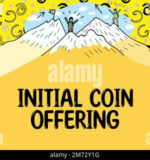 Cartello che mostra l'offerta iniziale di moneta. La panoramica aziendale è un tipo di finanziamento di massa che utilizza le valute crittografiche Foto Stock