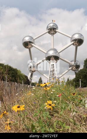 Bruxelles, Regione Bruxelles-capitale, Belgio 20-08-2021. L'Atomium. Fioritura letto di fiori di fronte all'ingresso Foto Stock