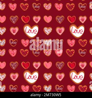 Felice cuore di San Valentino biscotti senza cuciture modello. Romantico San Valentino 14 Febbraio sfondo Illustrazione Vettoriale