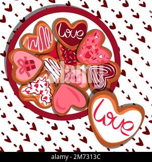 Carta dei biscotti Happy valentines Hearts. Biglietto di auguri o poster per il romantico giorno di San Valentino. 14 febbraio Illustrazione Vettoriale