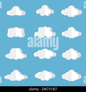 Nuvole diverse sul cielo blu nel design origami. Raccolta di white paper ritagliare le icone nuvola. Nuvola di carta. Simboli meteo. Illustrazione vettoriale Illustrazione Vettoriale
