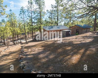 Camping area con capanne a Campamento Madre del Agua in pineta vicino Vilaflor città. Foto Stock