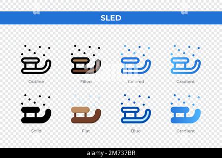 Icone sled in stile diverso. Set di icone sled. Simbolo di vacanza. Icone di stile diverse impostate. Illustrazione vettoriale Illustrazione Vettoriale