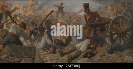 Guerra Peninsulare (1808-1814). Terzo assedio di Gerona (dal 6 maggio al 12 dicembre 1809). La città fu assediata per sette mesi sotto il comando del generale Alvarez de Castro. Capitolò il 12 dicembre 1809. Difesa della Torre Gironella. Olio su tela di Cristobal Montserrat y Jorba (1866-1935), 1919. Museo dell'esercito. Toledo, Spagna. Autore: Cristóbal Monsterrat y Jorba (1866-1935). Pittore spagnolo. Foto Stock