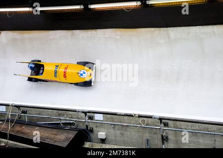 WINTERBERG, GERMANIA - GENNAIO 7: Lisa Buckwitz di Germania compete nel calore 2 del monobob femminile durante la BMW IBSF Bob & Skeleton World Cup alla Veltins-EisArena il 7 Gennaio 2023 a Winterberg, Germania (Foto di Patrick Goosen/Orange Pictures) Foto Stock