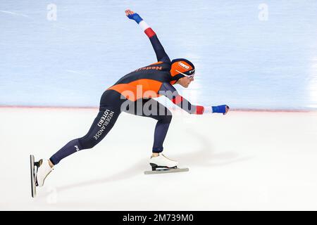 HAMAR - Robin Groot (NED) nel 500m all-around femminile durante i Campionati europei di Speed Skating dell'ISU alla sala olimpica di Hamar il 7 gennaio 2023 ad Hamar, Norvegia. ANP VINCENT JANNINK Foto Stock