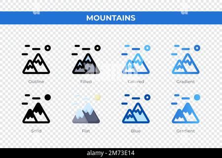 Icone montagne in stile diverso. Set di icone delle montagne. Simbolo di vacanza. Icone di stile diverse impostate. Illustrazione vettoriale Illustrazione Vettoriale