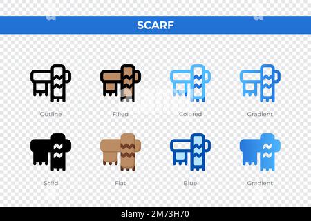 Icone sciarpa in stile diverso. Set icone sciarpa. Simbolo di vacanza. Icone di stile diverse impostate. Illustrazione vettoriale Illustrazione Vettoriale
