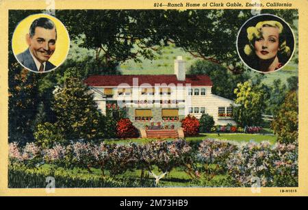 US Postcard circa 1940 del Ranch Home of CLARK GABLE e di sua moglie CAROLE LOMBARD a Encino, California pubblicato da Western Publishing and Novelty Co., Los Angeles, California Foto Stock