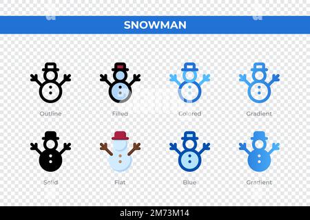 Icone Snowman in stile diverso. Set di icone Snowman. Simbolo di vacanza. Icone di stile diverse impostate. Illustrazione vettoriale Illustrazione Vettoriale