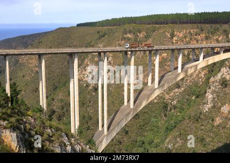 Una splendida vista sul ponte sul fiume Bloukrans sulla Garden Route in Sud Africa. Il punto più alto al mondo per il bungee jumping Foto Stock