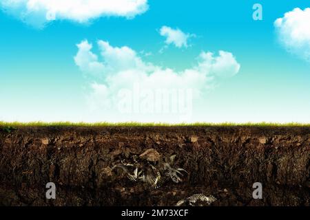 Teschi dinosauri, ossa scheletriche rettili, sezione trasversale strati profondi del suolo, concetto di storia della vita sulla terra. paleontologia scienza sfondo Foto Stock