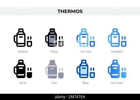 Icone thermos in stile diverso. Set icone thermos. Simbolo di vacanza. Icone di stile diverse impostate. Illustrazione vettoriale Illustrazione Vettoriale