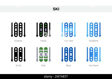 Icone di sci in stile diverso. Set icone sci. Simbolo di vacanza. Icone di stile diverse impostate. Illustrazione vettoriale Illustrazione Vettoriale