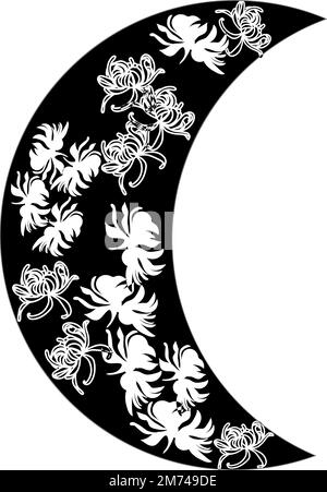 Acquerello fiore linee nere con luna. Fiori in fiore disegnati a mano con acquerello su uno sfondo isolato bianco. Perfetto per un invito di nozze, Foto Stock