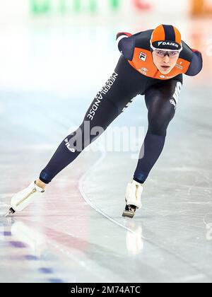 HAMAR - Robin Groot (NED) nel 3000m all-around femminile durante i Campionati europei di Speed Skating dell'ISU alla sala olimpica di Hamar il 7 gennaio 2023 ad Hamar, Norvegia. ANP VINCENT JANNINK Foto Stock