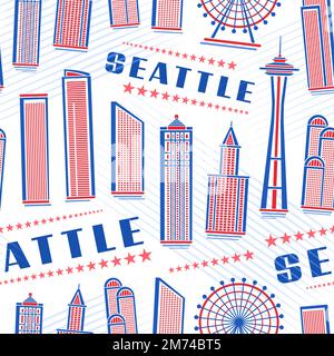 Vector Seattle Seamless Pattern, sfondo ripetuto con illustrazione del famoso paesaggio rosso della città di seattle su sfondo bianco per carta da imballaggio, arredamento Illustrazione Vettoriale