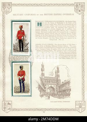 Una pagina tratta da un album vintage di sigarette intitolato ‘Military Uniforms of the British Empire Overseas’. Le carte mostrate raffigurano i soldati delle forze dello Stato di Hyderabad e delle forze dello Stato Indore. La pagina è anche decorata con uno schizzo di ‘il Char Minar’, Hyderabad. Pubblicato nel 1938 da John Player & Sons. Foto Stock