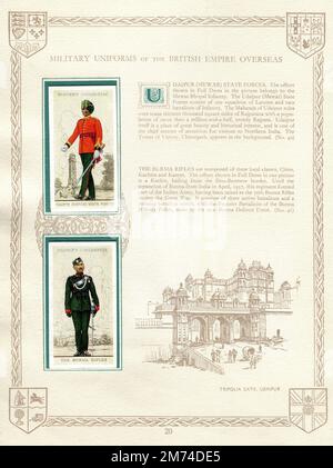 Una pagina tratta da un album vintage di sigarette intitolato ‘Military Uniforms of the British Empire Overseas’. Le carte mostrate raffigurano i soldati delle forze statali di Udaipur (Mewar) e dei Fucili birmani. La pagina è decorata anche con uno schizzo della ‘porta di tripolia’, Udaipur. Pubblicato nel 1938 da John Player & Sons. Foto Stock