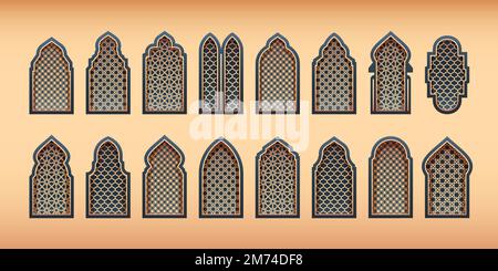 Finestre arabe ornamentali. Silhouette tradizionali ad arco islamico con motivo arabesco orientale e cornice decorativa vintage. Vettore i Illustrazione Vettoriale