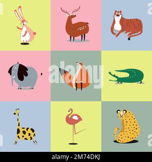 Collezione di simpatiche illustrazioni di animali selvatici Illustrazione Vettoriale