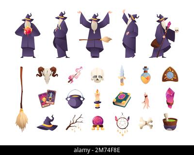 Magician tools. Various old wizards characters cartoon style, mystery sorceress witchcraft with magic occult mystic fantasy elements. Vector set of ma Illustrazione Vettoriale