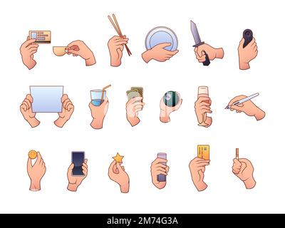 Mani che tengono gli oggetti. Gesti umani moderni stile cartone animato, dita donna piatta con vari oggetti, barzetta colorata. Set isolato da vettori di mano umana Illustrazione Vettoriale