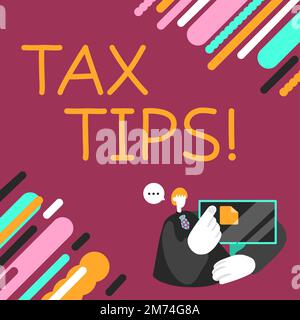 Cartello con i suggerimenti fiscali. Business Concept Help idee per la tassazione aumentare i guadagni riduzione delle spese Foto Stock
