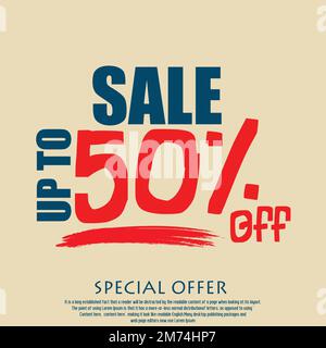 Vendita Tag sconto 50% di sconto divertente testo di tipografia sfondo giallo Illustrazione Vettoriale