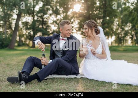 Sorridente e bella sposo e sposa in occhiali guardare l'un l'altro su pic-nic nel parco, bottiglia di vino aperto durante la celebrazione Foto Stock