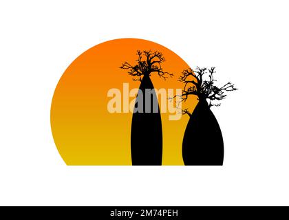 Boab o Baobab Tree Set alberi vettoriali silhouette logo concetto icona, illustrazione segno isolato su sfondo tramonto Illustrazione Vettoriale