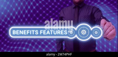 Caratteristiche dei vantaggi di visualizzazione dei segnali. Parola scritta sul fare un prodotto si distinguono dal valore di folla di esso Foto Stock