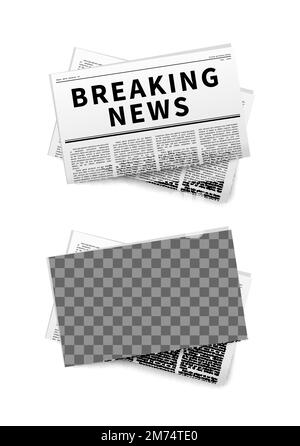 Giornale piegato con intestazione di ultime notizie, mockup trasparente, template su bianco Illustrazione Vettoriale
