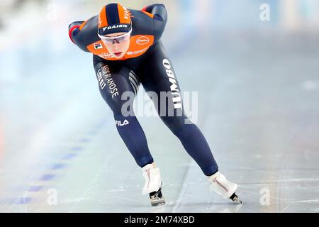 Hamar 20230107.Antoinette Rijpma - de Jong dai Paesi Bassi in azione sotto i 3.000 metri per le donne durante i Campionati europei di Pattinaggio di sabato. Foto: Christoffer Andersen / NTB Foto Stock