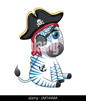 Carino pirata zebra in un cappello tricorno con un occhio patch. Pirati e tesori, isole e palme Illustrazione Vettoriale