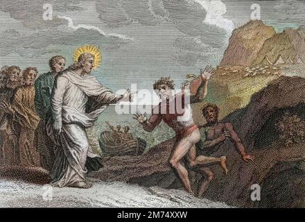 La Bibbia par le Sieur de Royaumont, Nouveau Testamento : Possede gueri. Gesù Cristo guerit un possede que le demon rendait furieux. Gravure de 1811 - la Bibbia de Royaumont, nuovo Testamento : Possede gueri. Gesù Cristo guarisce un uomo posseduto che il diavolo ha reso furioso. Incisione - colorazione successiva Foto Stock