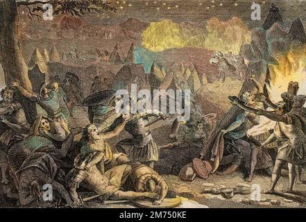 La Bibbia par le Sieur de Royaumont, Antico Testamento : Defaite des Madianites par le bruit des tropettes et par l'eclat des lampes. Gravure de 1811 - Bible de Royaumont, Antico Testamento : sconfitta dei Madianiti dal suono delle trombe e dalla luce delle lampade. Incisione - colorazione successiva Foto Stock