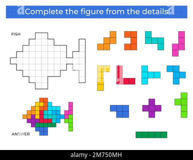 Completare la figura. Gioco di puzzle con pesce. Illustrazione Vettoriale