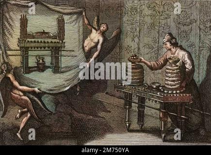 La Bibbia par le Sieur de Royaumont, Antico Testamento : la table des pains de proposition dans le Tabernacle. Gravure de 1811 - la Bibbia di Royaumont, Antico Testamento : la tavola del pan da showbread nel Tabernacolo. Incisione - colorazione successiva Foto Stock
