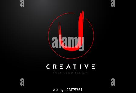 Logo lettera a U con pennello rosso. Vettore artistico di concetto del logo Brush Letters scritto a mano. Illustrazione Vettoriale
