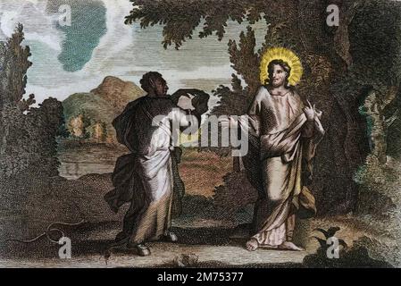 La Bibbia par le Sieur de Royaumont, Nouveau Testamento : Gesù Cristo dans le Desert. Jesus est Conduit dans le Desert. Il jeune quarante jours et quarante nuits. ll est tente par le demon qui l'invite a changer les pierres en pains. Gravure de 1811 - la Bibbia di Royaumont, nuovo Testamento : Gesù Cristo nel deserto. Gesù è condotto nel deserto. Egli è tentato dal diavolo che lo invita a trasformare le pietre in pane. Incisione - colorazione successiva Foto Stock