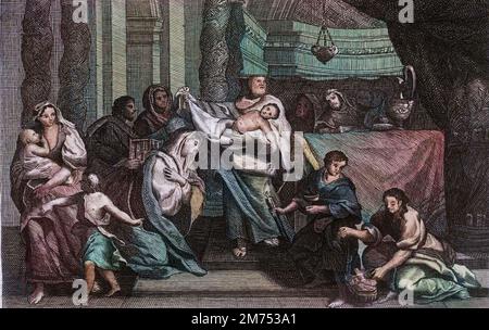 La Bibbia par le Sieur de Royaumont, Nouveau Testament : Purification de la Vierge ou Presentation au Temple. La sainte Famille offre Jesus Christ au Temple et le donne a Symeon (ou Simeone ou Simon). Une femme tient deux colombes dans un panier. Gravure de 1811 - Bible de Royaumont, nuovo Testamento : purificazione della Vergine o presentazione al Tempio. La Sacra Famiglia offre Gesù Cristo al Tempio e lo dona a Simeone (o Simeone o Simone). Una donna tiene due colombe in un cesto. Incisione - colorazione successiva Foto Stock