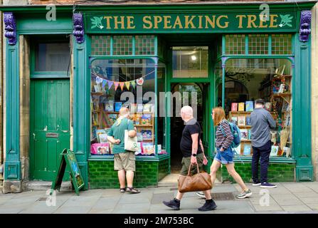 I visitatori e gli acquirenti di vetrine di fronte al negozio Speaking Tree di Glastonbury Foto Stock