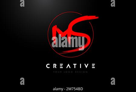 Logo rosso MS Brush Letter. Vettore artistico di concetto del logo Brush Letters scritto a mano. Illustrazione Vettoriale