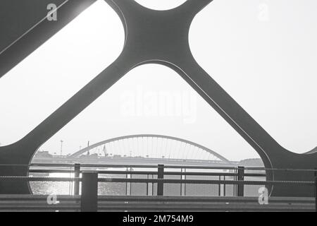 Il Ponte Vecchio sul Danubio a Bratislava, Slovacchia. Ponte in acciaio verde . Bianco e nero Foto Stock