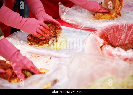 Primo piano delle mani che fanno il kimchi Foto Stock