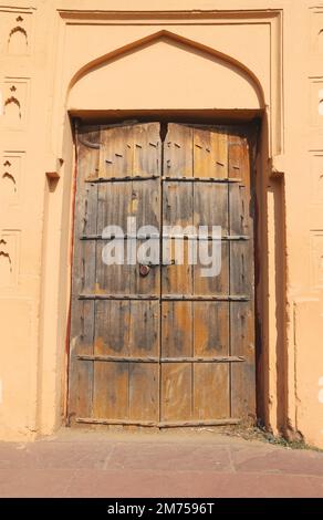 Porta di legno antico a Amber Fort, Jaipur India Foto Stock