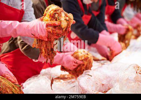 Primo piano delle mani che fanno il kimchi Foto Stock